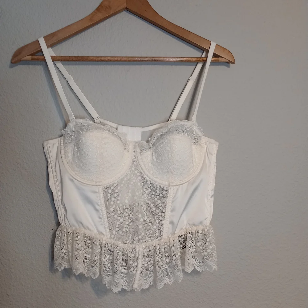 Sincerely Jules Romantic Bridal Cream Satin Sheer Lace Bustier Top Coquette
